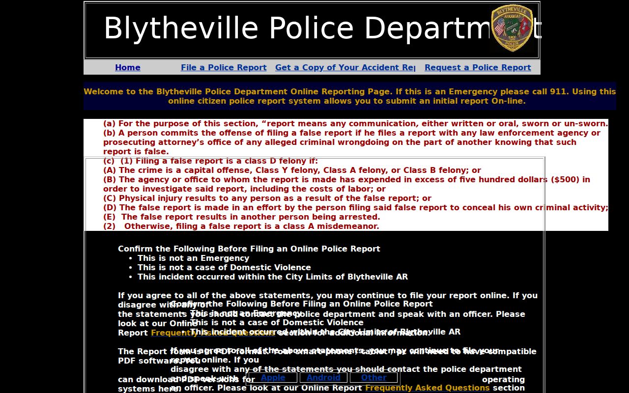 Blytheville Police online reporting and copy links
