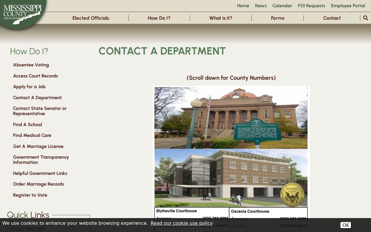 Mississippi County department contact page with courthouse information
