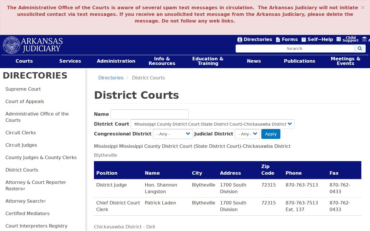 Arkansas Judiciary directory for Mississippi County district courts