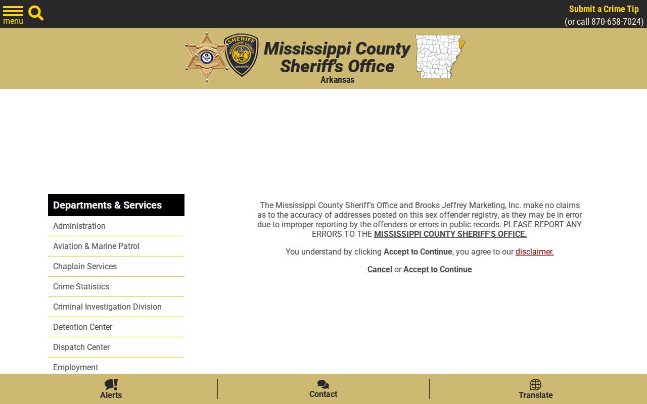 Mississippi County sheriff sex offender registration list disclaimer