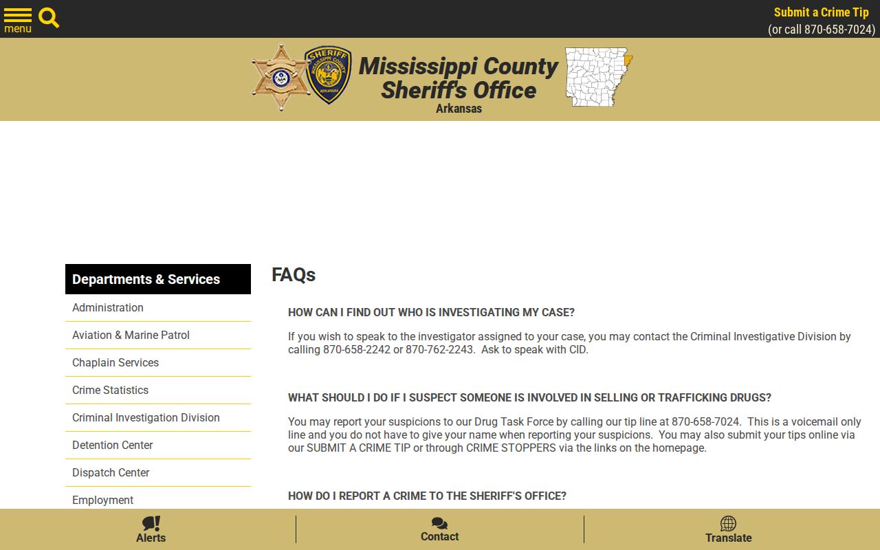 Mississippi County Sheriff FAQ showing report fees and local record services