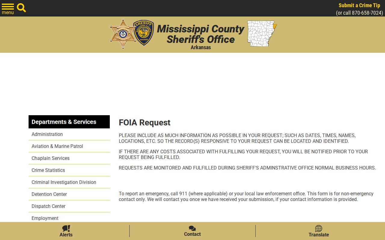 Mississippi County Sheriff FOIA request page and cost notice