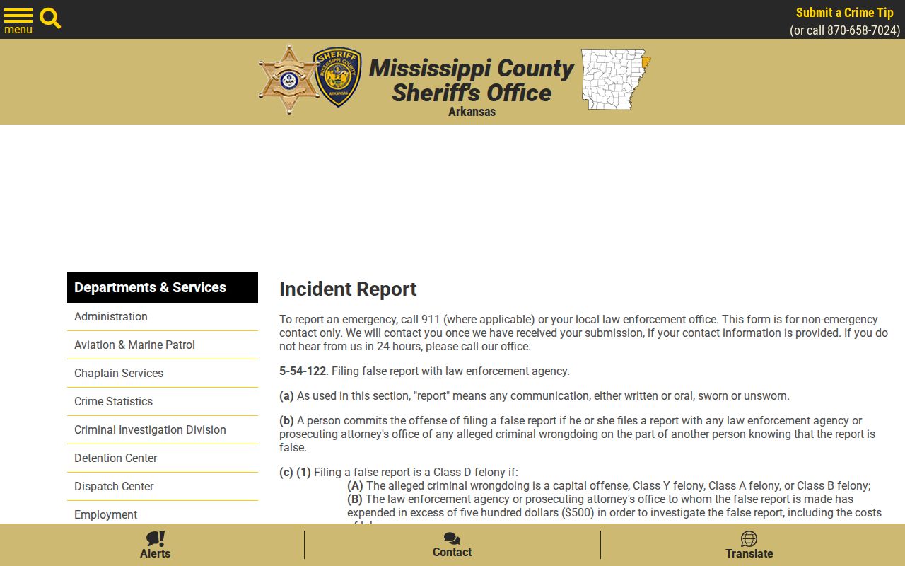 Mississippi County Sheriff non-emergency incident report form